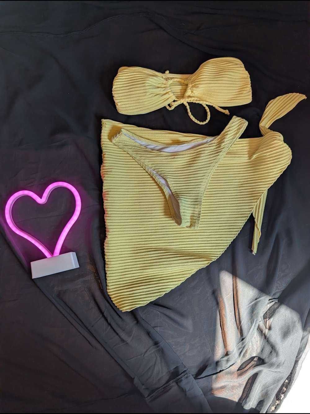 Ribbed Yellow Bandeau Bikini Set With Coverup Tie Up Strapless High waist - Picture 1 of 8